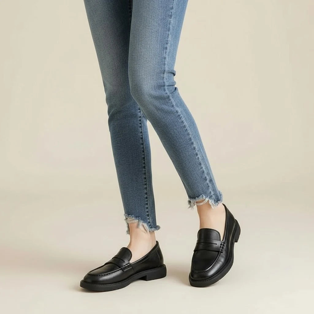 Allegra mocassin femme cuir très souple noir semelle plate porté aux pieds par modèle feminin
