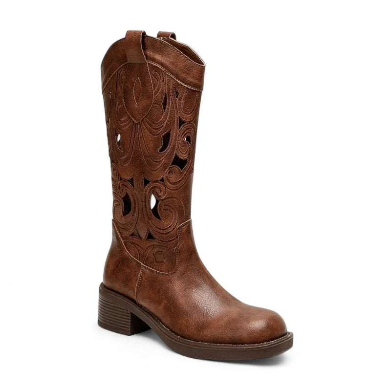 Amber - Santiag Marron Mi-Mollet Femme à Ouvertures Tendance