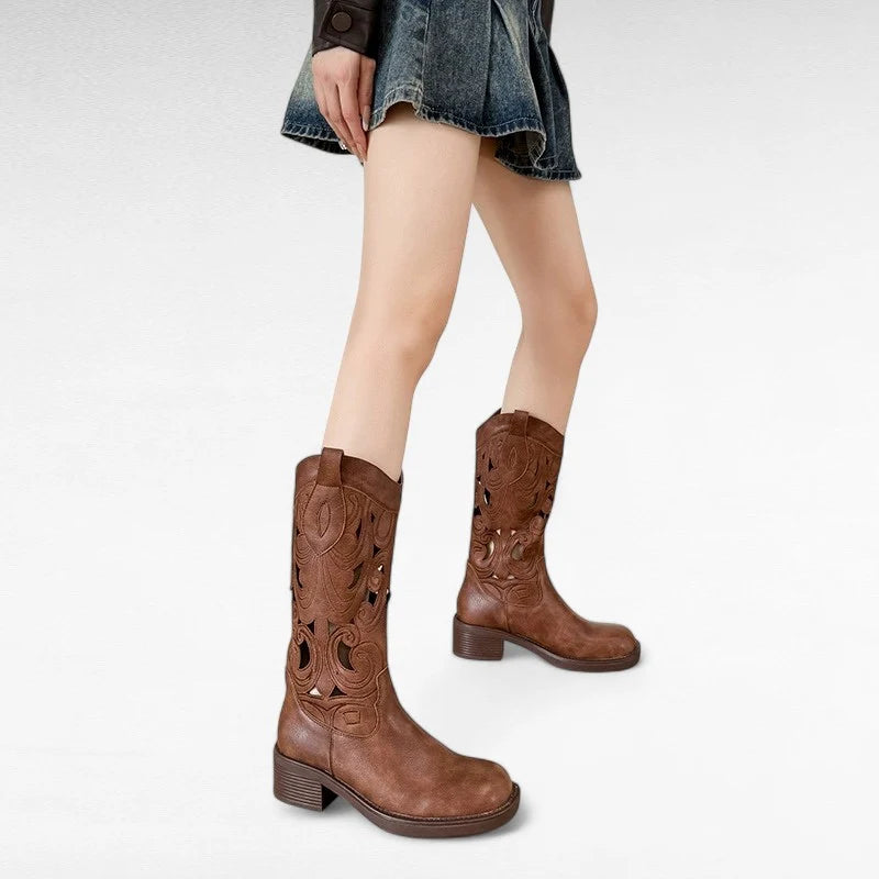 Amber - Santiag Marron Mi-Mollet Femme à Ouvertures Tendance