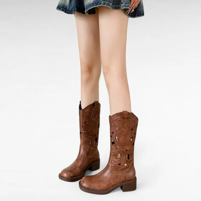 Amber - Santiag Marron Mi-Mollet Femme à Ouvertures Tendance