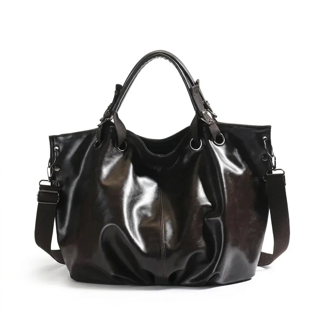 Grand sac à main cabas de cours Ambre, cuir ciré effet vieilli, couleur café, spacieux et bohème pour femme au quotidien