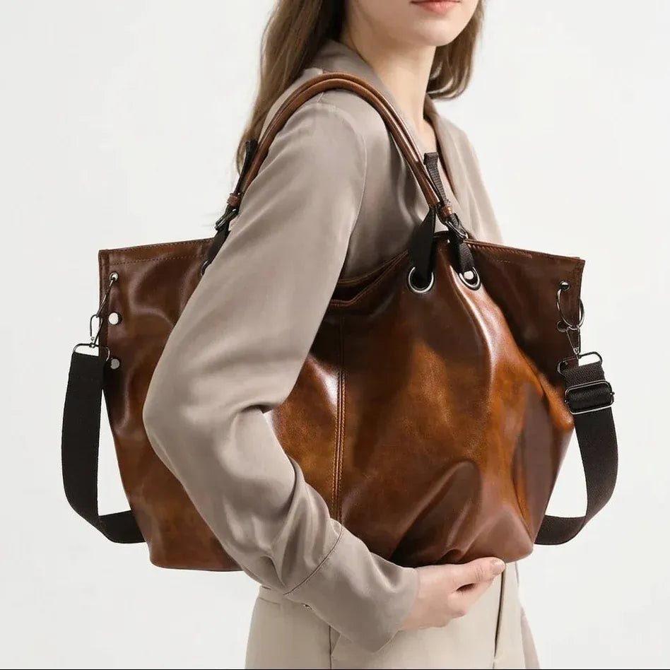 Grand sac à main cabas de cours Ambre, cuir ciré effet vieilli, spacieux et bohème pour femme au quotidien, porté épaule