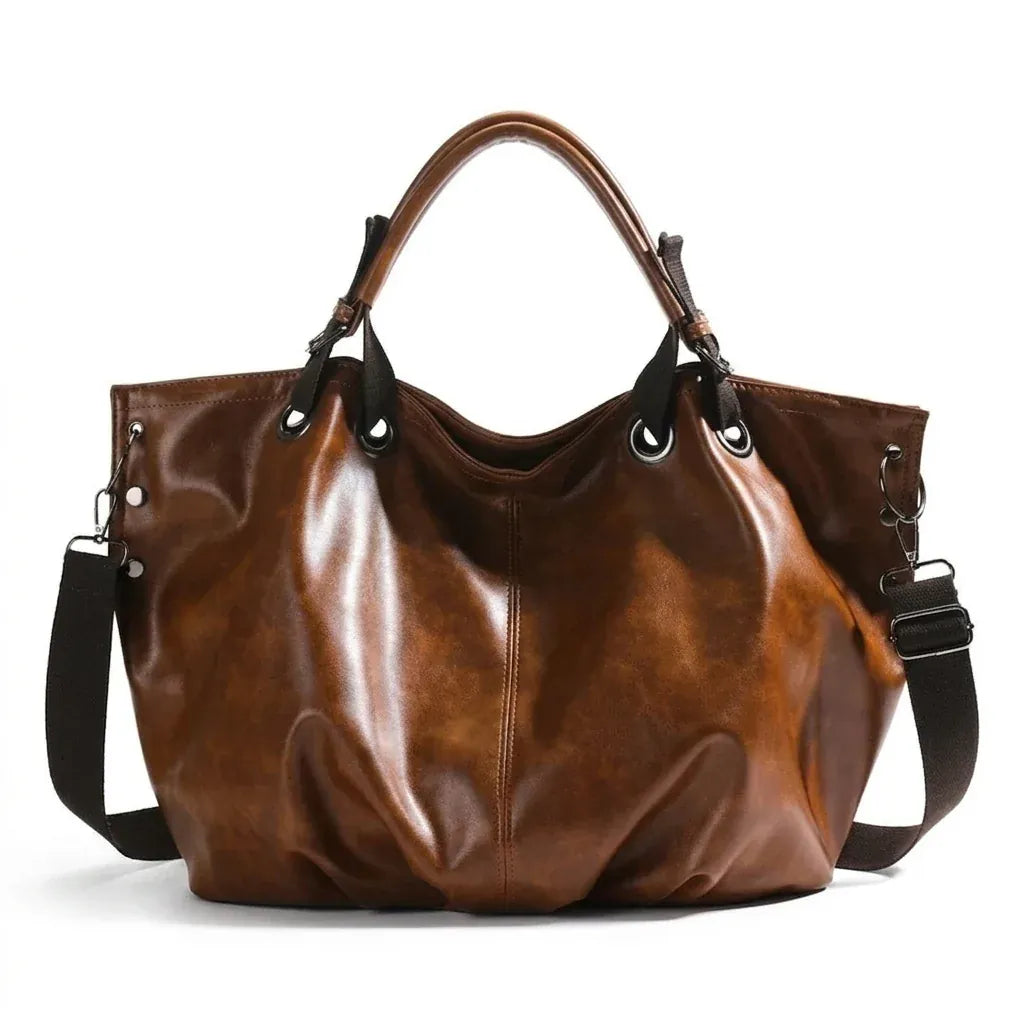 Grand sac à main cabas de cours Ambre, cuir ciré effet vieilli, couleur marron, spacieux et bohème pour femme au quotidien