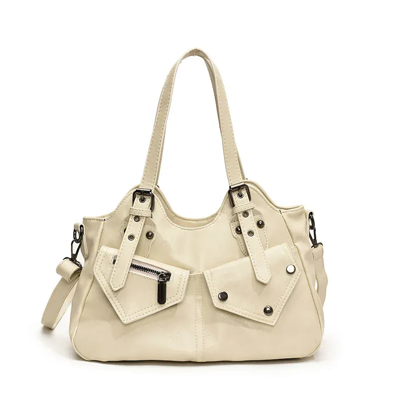 ARIANA - Sac à Main de Cours en Cuir à Poches Organisées Blanc pour Ordinateur 15 Pouces, Cahiers et Documents A4