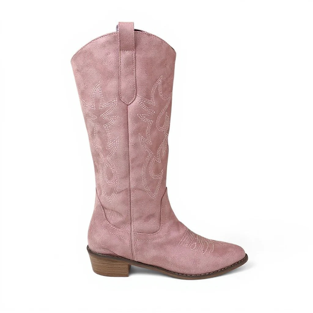 Ayane - Santiag Haute Élégante en Daim Rose, bottes femme hautes jusqu’au genou à bout pointu et talon moyen de 3 à 5 cm