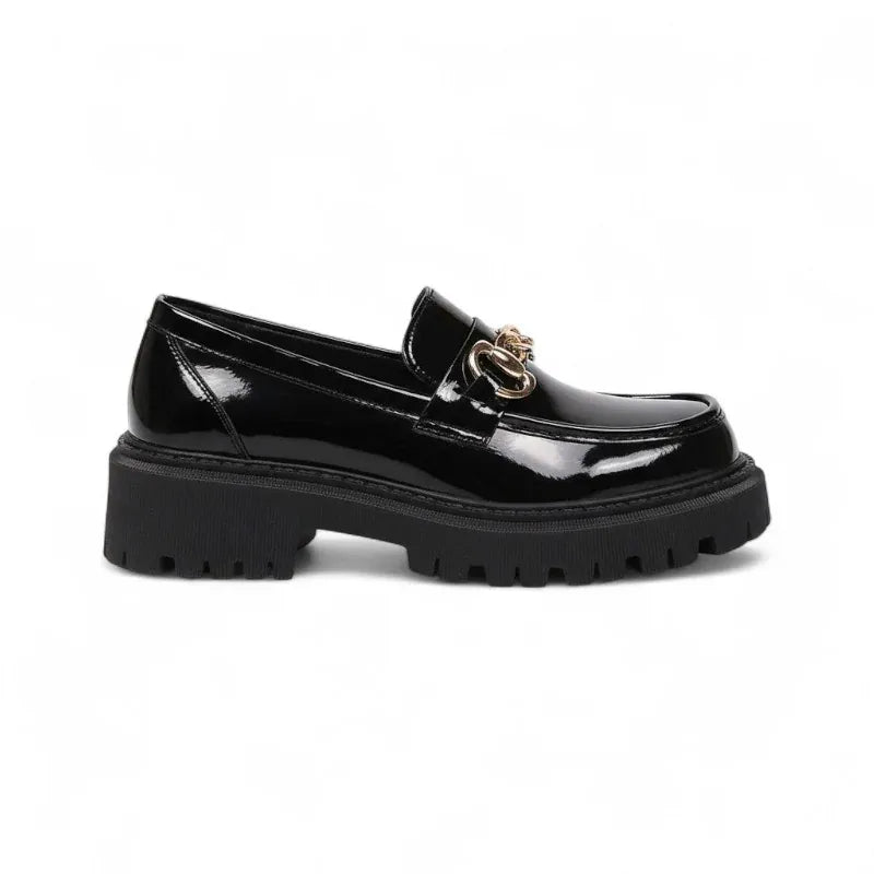 Bianca mocassin femme verni noir chaîne dorée semelle épaisse