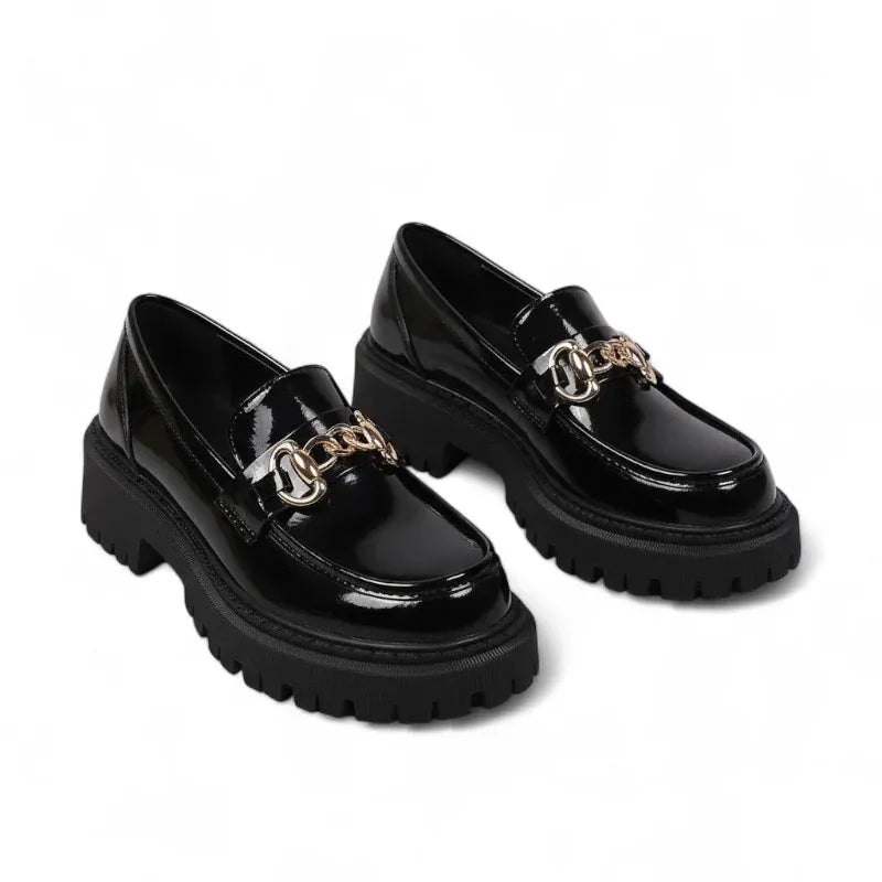 Bianca mocassin femme verni noir chaîne dorée semelle épaisse