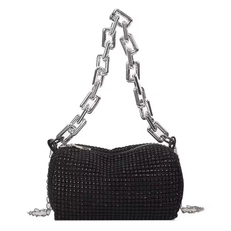 Carolina - Sac à Main avec Strass, petit sac femme scintillant avec chaînes métalliques, idéal pour les soirées et occasions élégantes, couleur noir
