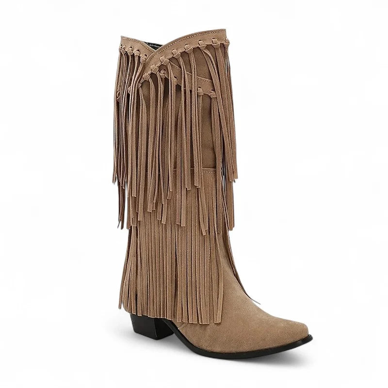 Chayka - Santiag Mi-Haute à Franges Style Cowboy couleur kaki, bottes femme à franges avec talon bas et silhouette élégante
