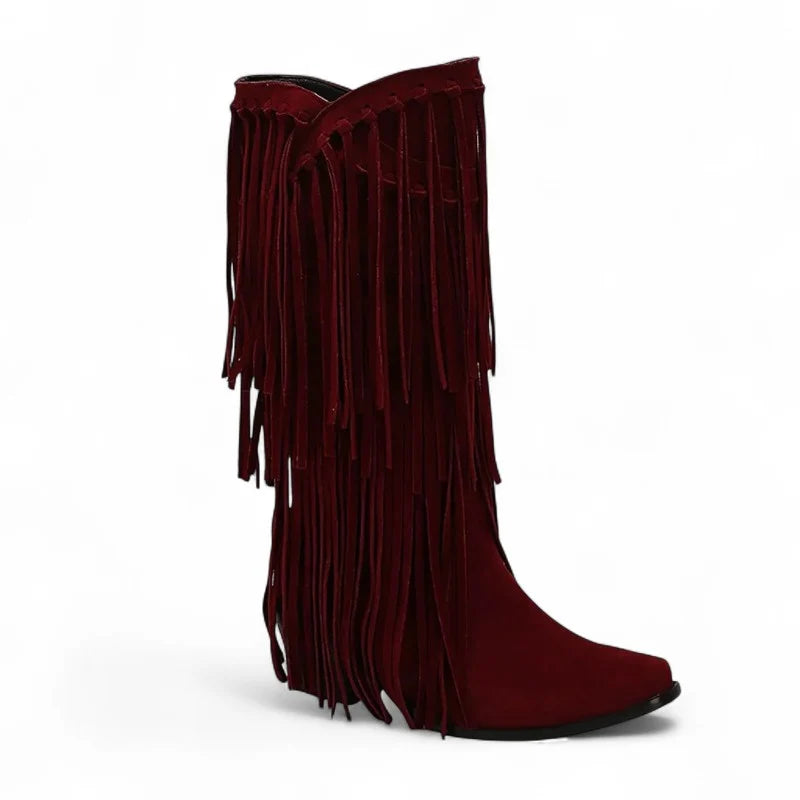 Chayka - Santiag Mi-Haute à Franges Style Cowboy couleur rouge, bottes femme à franges avec talon bas et silhouette élégante