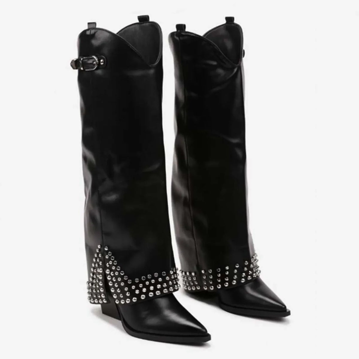 Cheryl - Santiag Longue à Talon et Rivets et Strass de couleur noir, bottes femme longues à bout pointu et talon carré pour une silhouette élégante, vue de profil