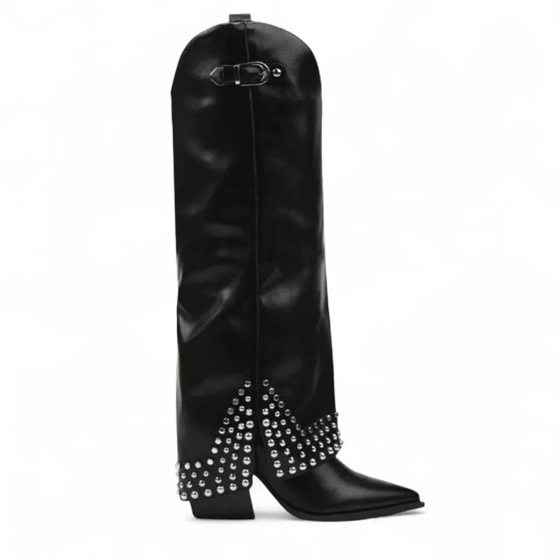 Cheryl - Santiag Longue à Talon et Rivets et Strass de couleur noir, bottes femme longues à bout pointu et talon carré pour une silhouette élégante