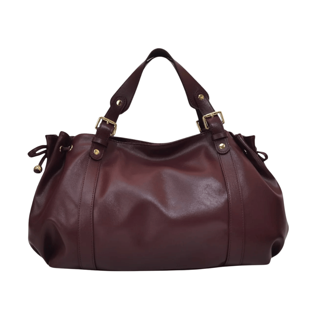 Sac à main bowling femme ELAE en cuir  Bordeaux avec détails et finitions dorées
