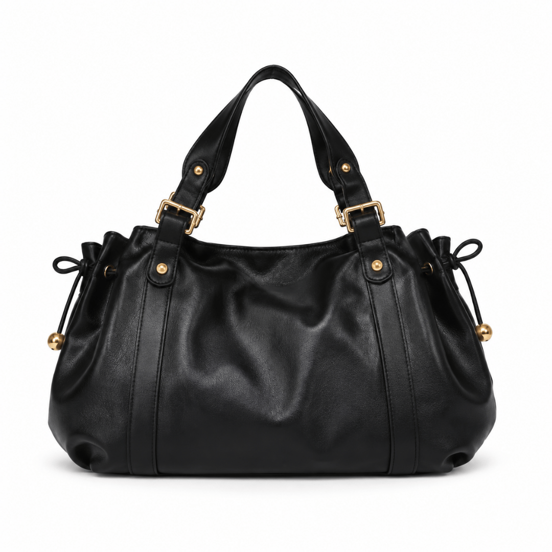 Sac à main bowling femme ELAE en cuir  Noir avec détails et finitions dorées