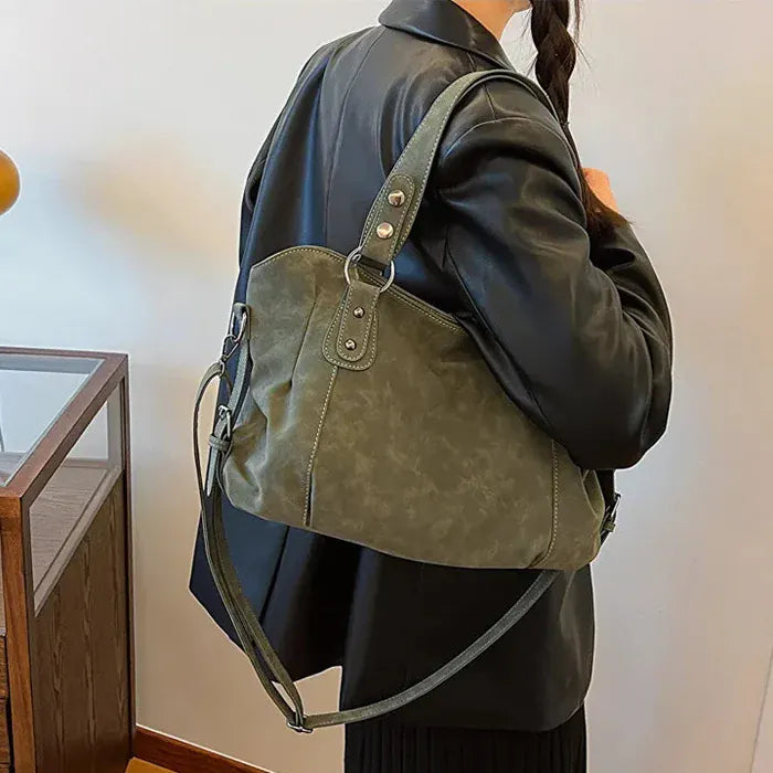 Elo - Sac à Main de Cours en Daim kaki Femme, grand format pour ordinateur 15 pouces, cahiers et documents A4, porté épaule