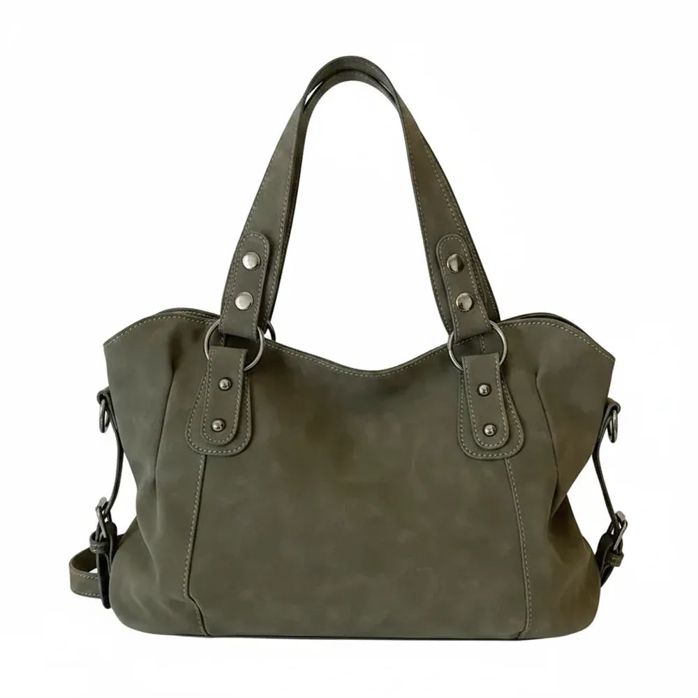 Elo - Sac à Main de Cours en Daim kaki Femme, grand format pour ordinateur 15 pouces, cahiers et documents A4