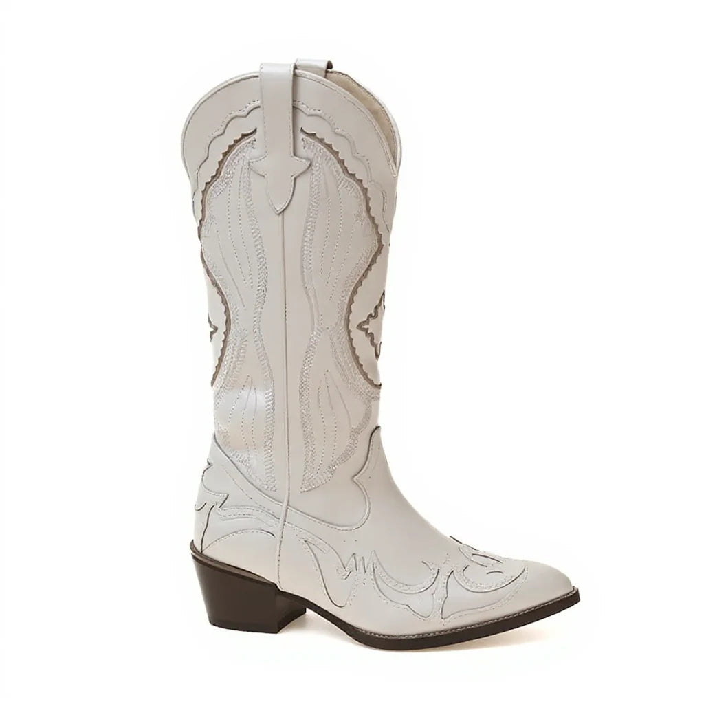 Éyenne - Santiag Beige Haute Vintage à Talon, bottes femme beige mi-mollet à bout pointu et talon carré de 3 à 5 cm