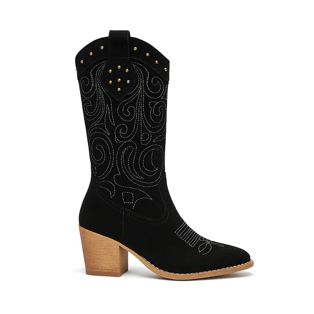 Féla - Santiag en Daim Style Cowboy Mi-Mollet, bottes femme mi-mollet en daim noir à bout pointu et talon moyen