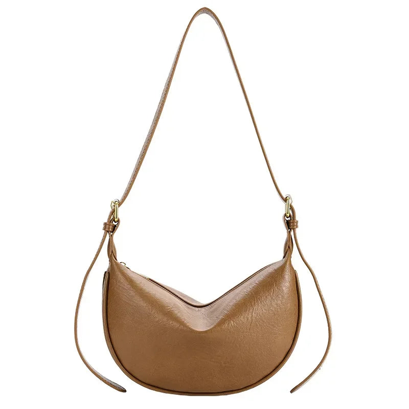 Imine - Sac Demi-Lune, sac femme élégant au design épuré avec forme arrondie et bandoulière ajustable, couleur camel