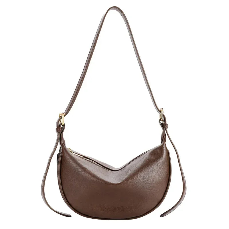 Imine - Sac Demi-Lune, sac femme élégant au design épuré avec forme arrondie et bandoulière ajustable, couleur marron foncé