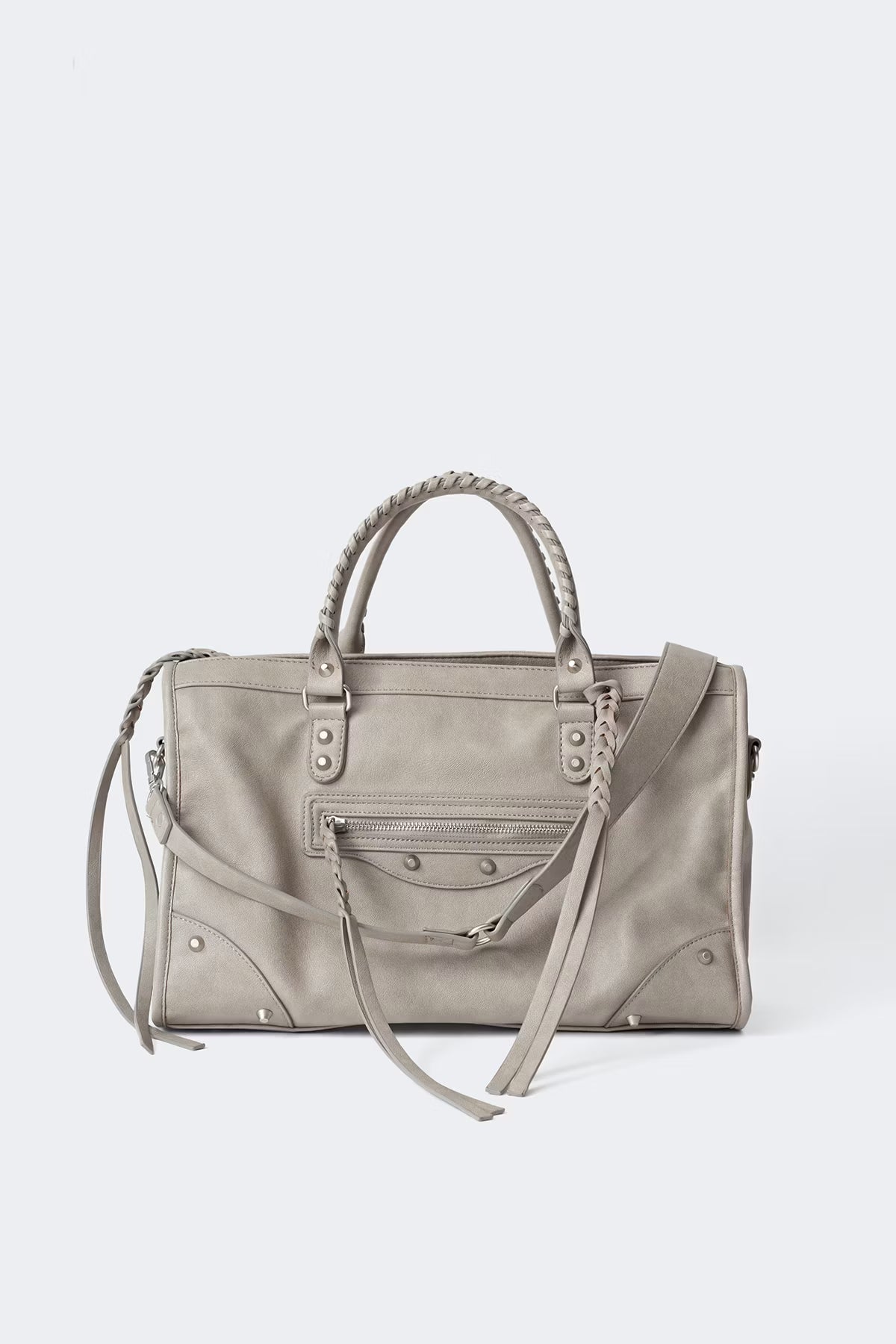 JOY - Grand Sac de Cours Étudiant, grand sac à main cours gris avec poignées tressées, détails argentés et bandoulière amovible