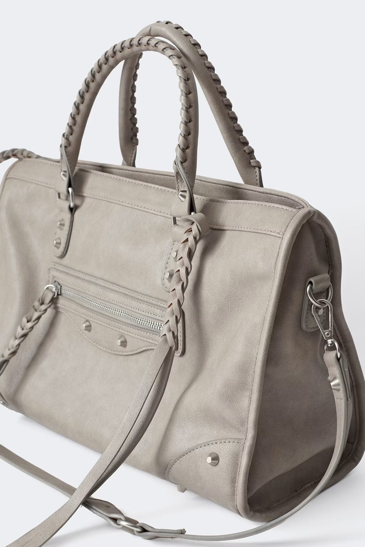 JOY - Grand Sac de Cours Étudiant, grand sac à main cours gris avec poignées tressées, détails argentés et bandoulière amovible vue de profil