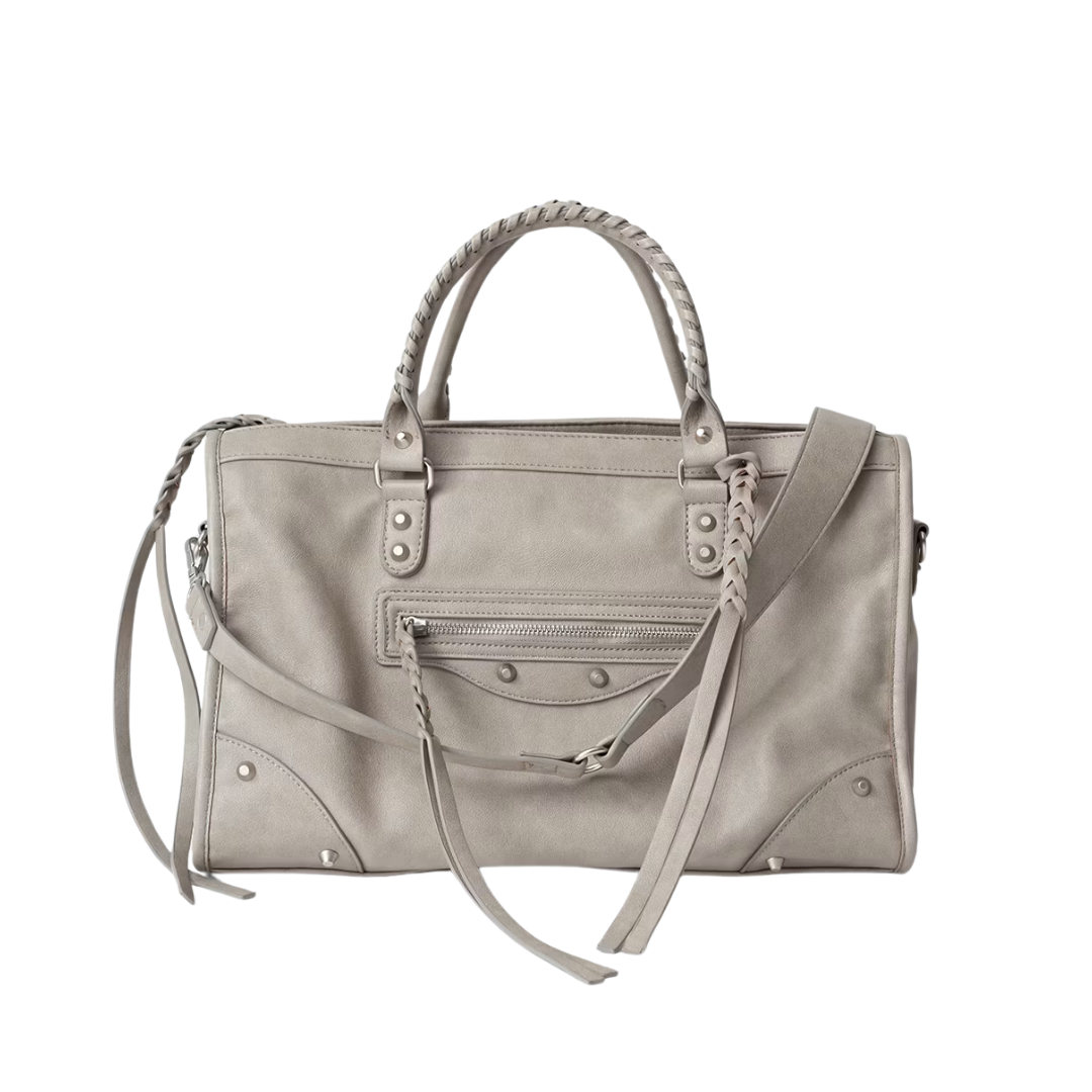 JOY - Grand Sac de Cours Étudiant, grand sac à main cours gris avec poignées tressées, détails argentés et bandoulière amovible, porté épaule ou en bandoulière