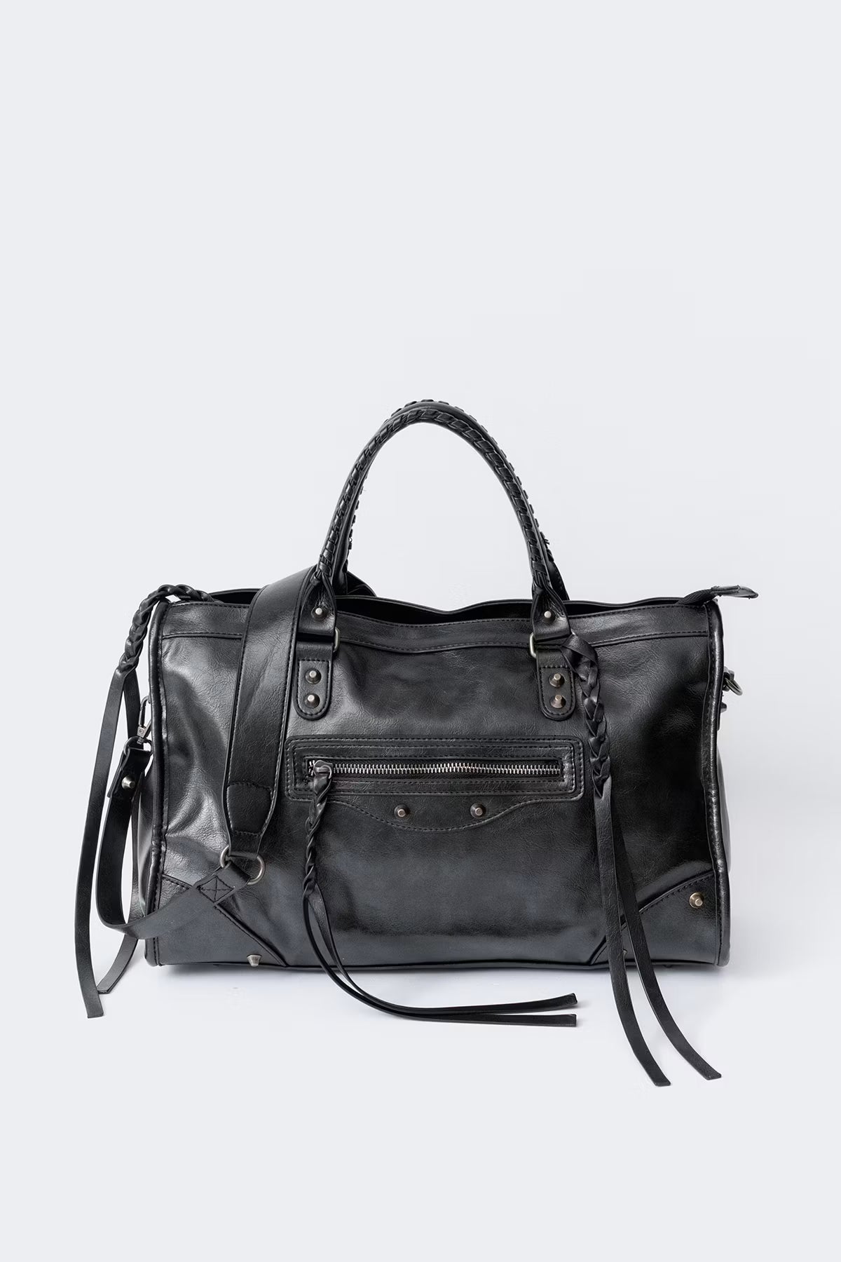 JOY - Grand Sac de Cours Étudiant, grand sac à main cours noir avec poignées tressées, détails argentés et bandoulière amovible 