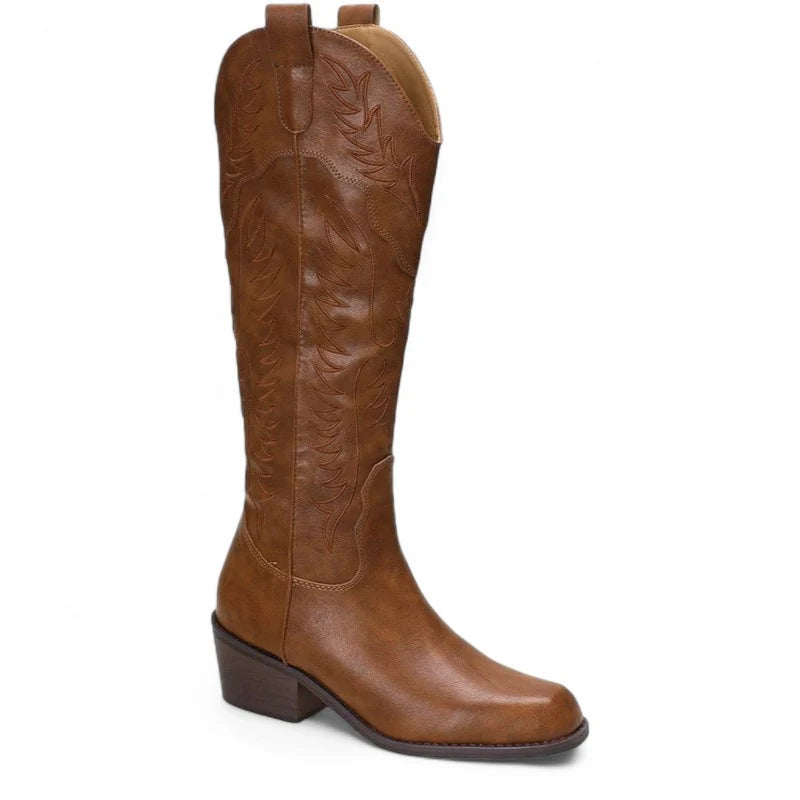 Leen - Santiag Haute Marron Femme à Motifs et Fermeture, bottes femme marron jusqu’au genou à motif , bout carré et talon carré