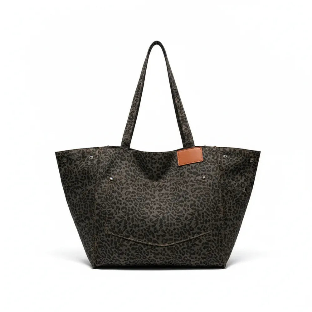 Leovia - Grand Sac Cabas Léopard Femme pour Ordinateur 15 Pouces, Livres et Essentiels, gris