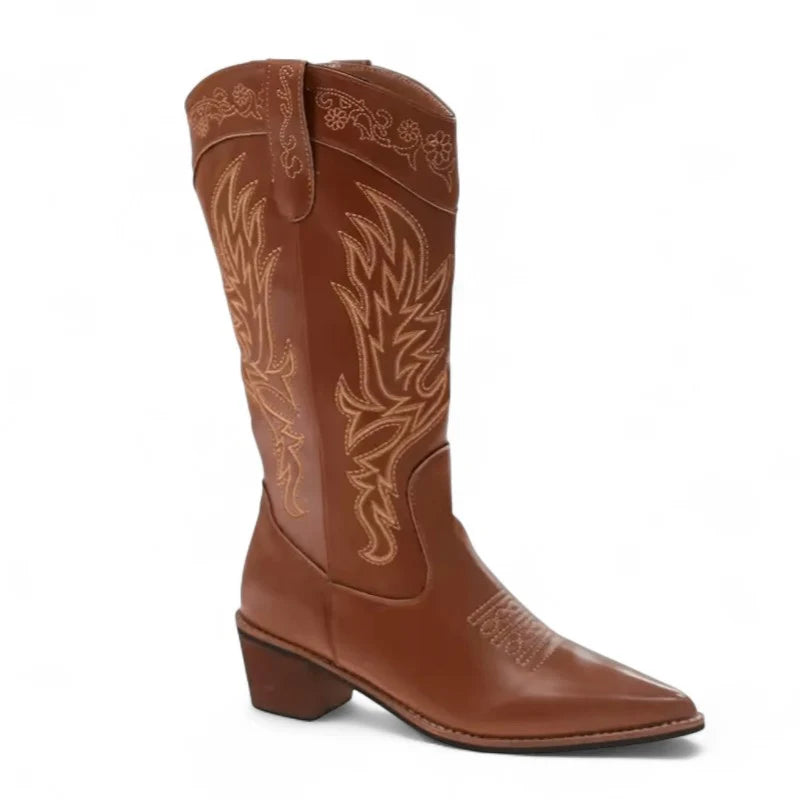 Liane - Santiag Mi-Haute à Bout Pointu, couleur marron, bottes femme élégantes à talon bas et bout pointu pour un style affirmé