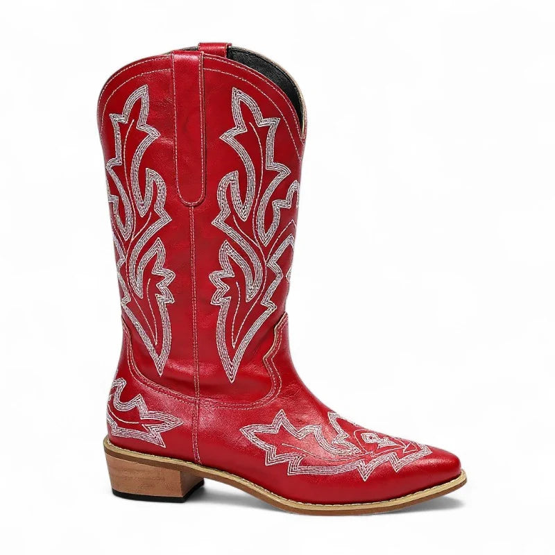 Lisy - Santiag en Cuir Lisse Doublée Mi-Mollet couleur rouge, bottes femme à bout pointu, broderies élégantes et talon carré