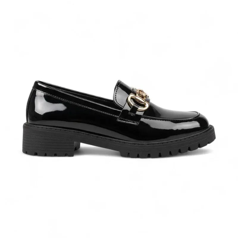 Livia mocassins femme vernis chaîne dorée avec talon bas noir