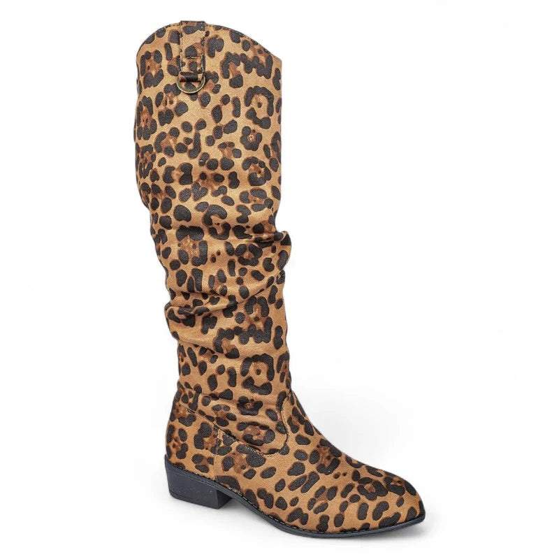 Loa - Santiag Haute Léopard pour Femme, bottes femme jusqu’au genou à imprimé léopard, bout pointu et talon