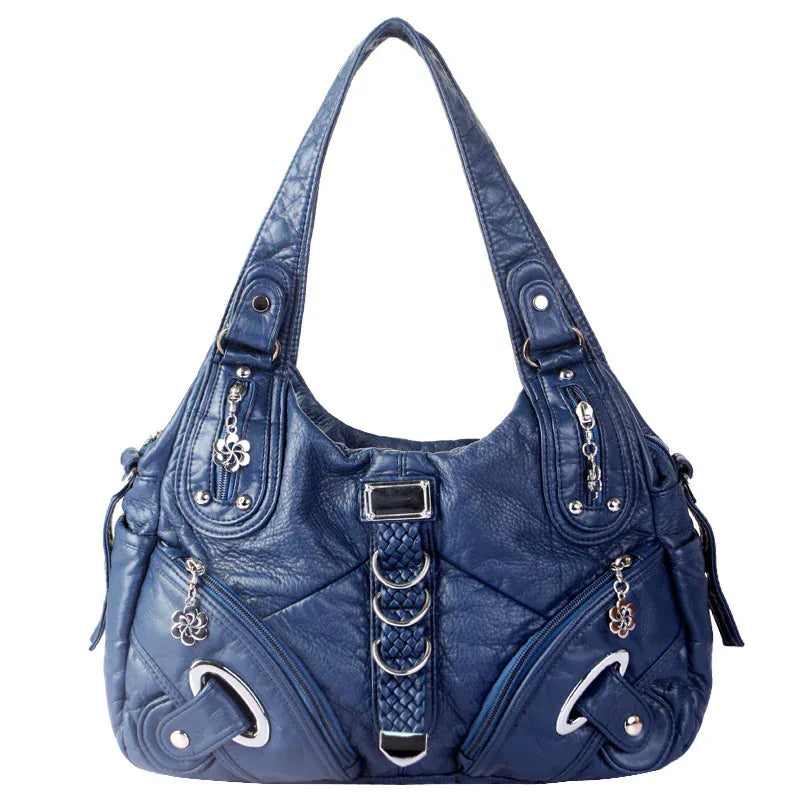 LORIE - Sac à Main de Cours Multipoche Femme à Finitions Argentées pour Ordinateur 15 Pouces, Cahiers et Documents A4, couleur bleu 