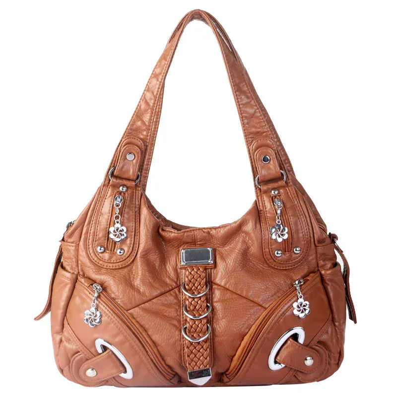 LORIE - Sac à Main de Cours Multipoche Femme à Finitions Argentées pour Ordinateur 15 Pouces, Cahiers et Documents A4 couleur marron