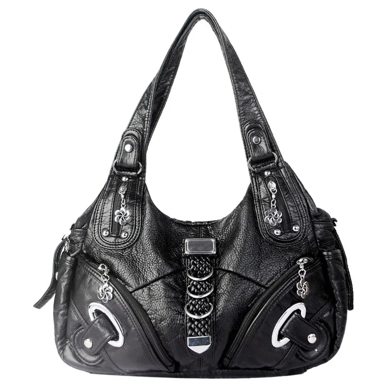 LORIE - Sac à Main de Cours Multipoche Femme à Finitions Argentées pour Ordinateur 15 Pouces, Cahiers et Documents A4, couleur noir