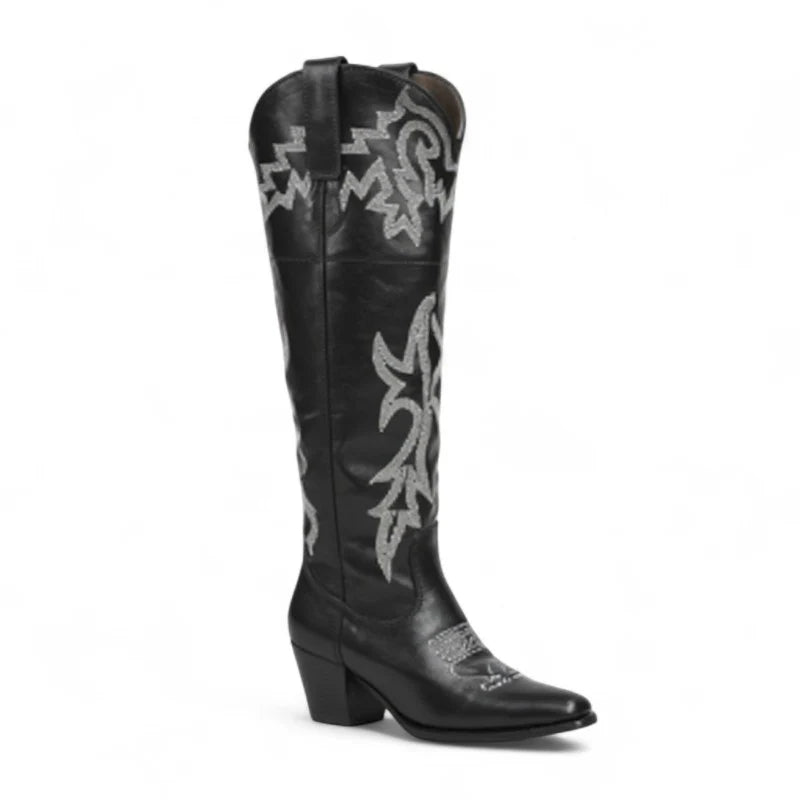 Madisson - Santiag Haute Vintage à Motifs, bottes femme hautes jusqu’au genou à bout pointu, détails brodés et talon carré de 5 à 8 cm, COULEUR NOIR