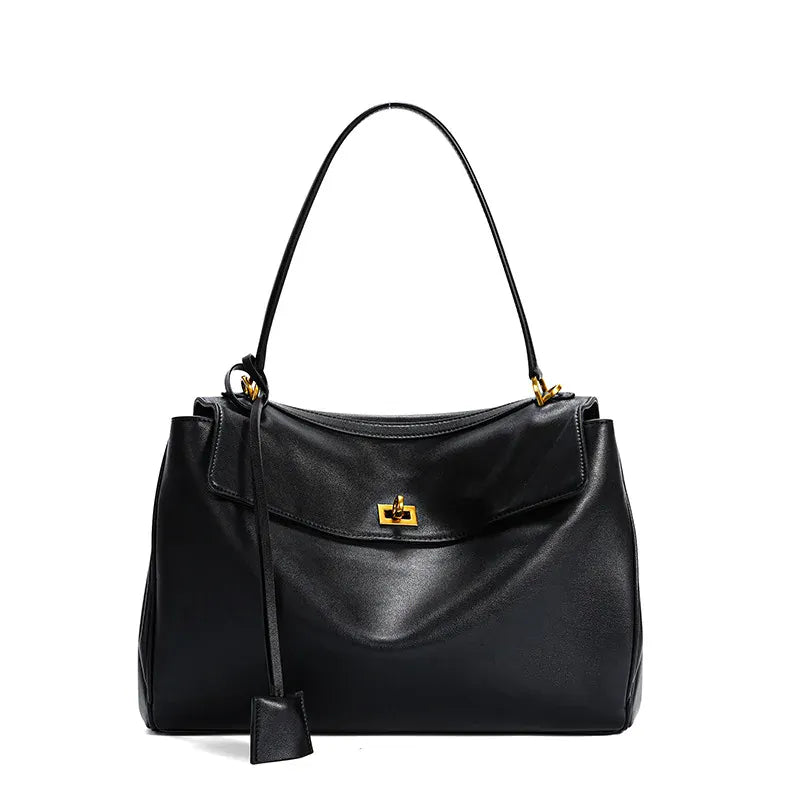 MAE - Sac à Main en Cuir Lisse Fermoir doré Noir