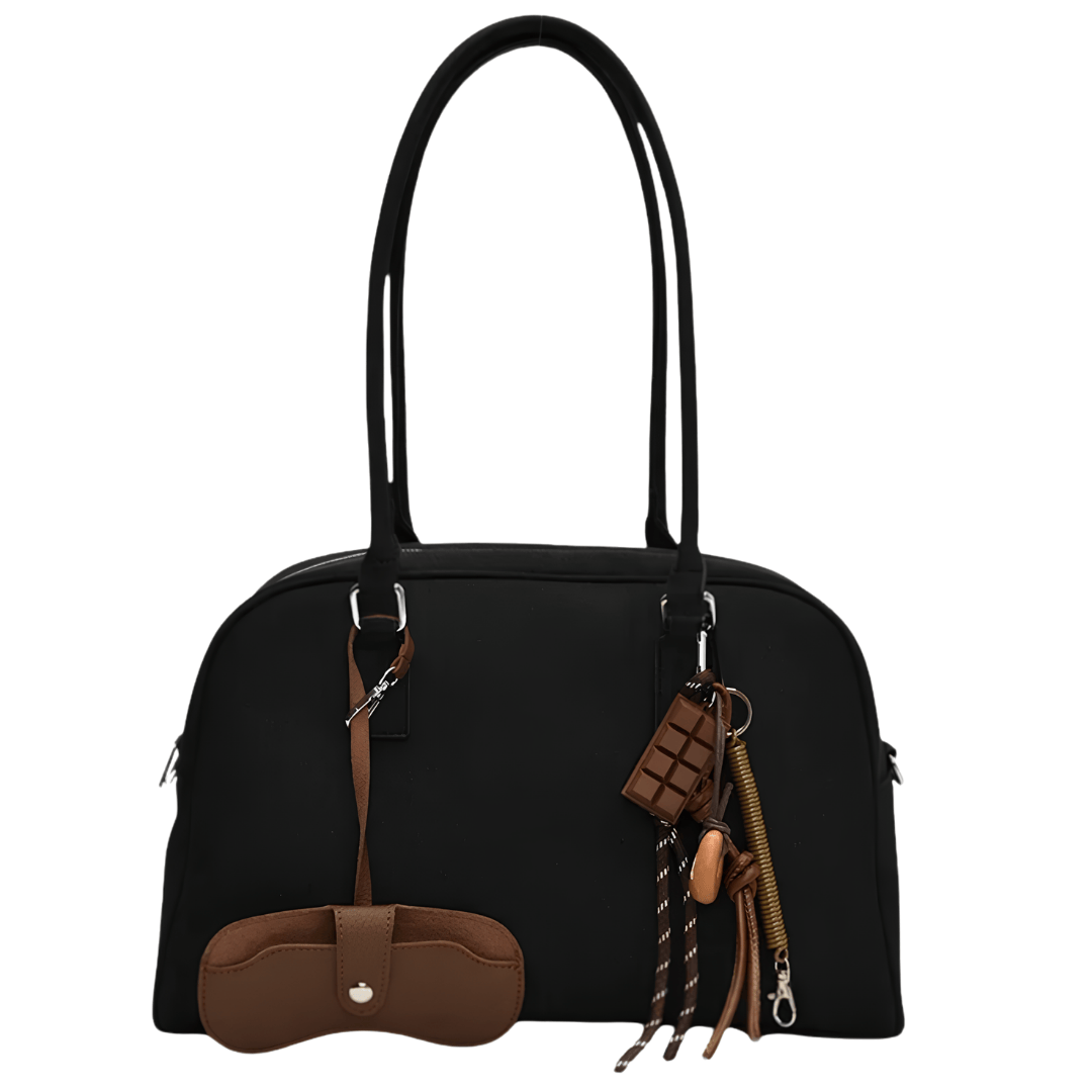 MARINA – Sac à main bandoulière en cuir vegan noir effet daim, robuste et raffiné, idéal pour cours et travail.