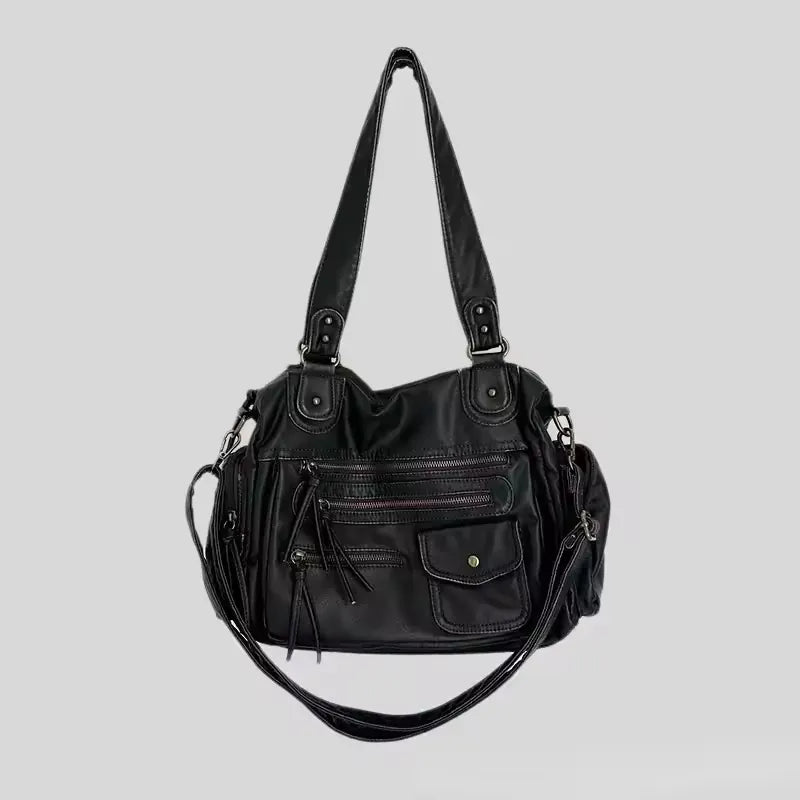 MELANIA - Sac à Main en Cuir Vintage à Poches Zipées noir Femme pour Ordinateur, Cahiers et Documents A4 en bandoulière