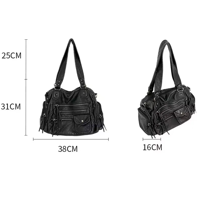 MELANIA - Sac à Main en Cuir Vintage à Poches Zippées