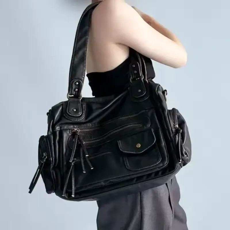 MELANIA - Sac à Main en Cuir Vintage à Poches Zipées noir Femme pour Ordinateur, Cahiers et Documents A4 porté épaule