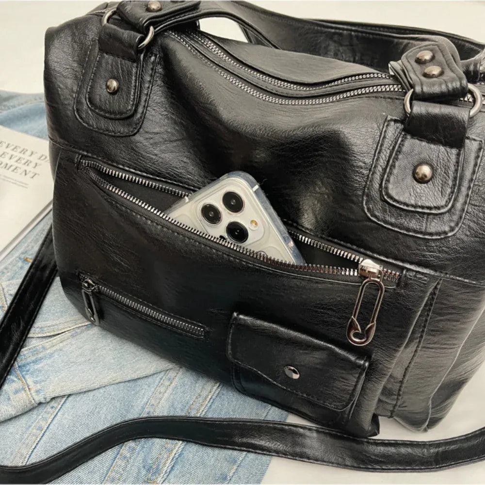 MELINA - Sac à Main Bandoulière Femme en Cuir Généreux noir détails poche avant