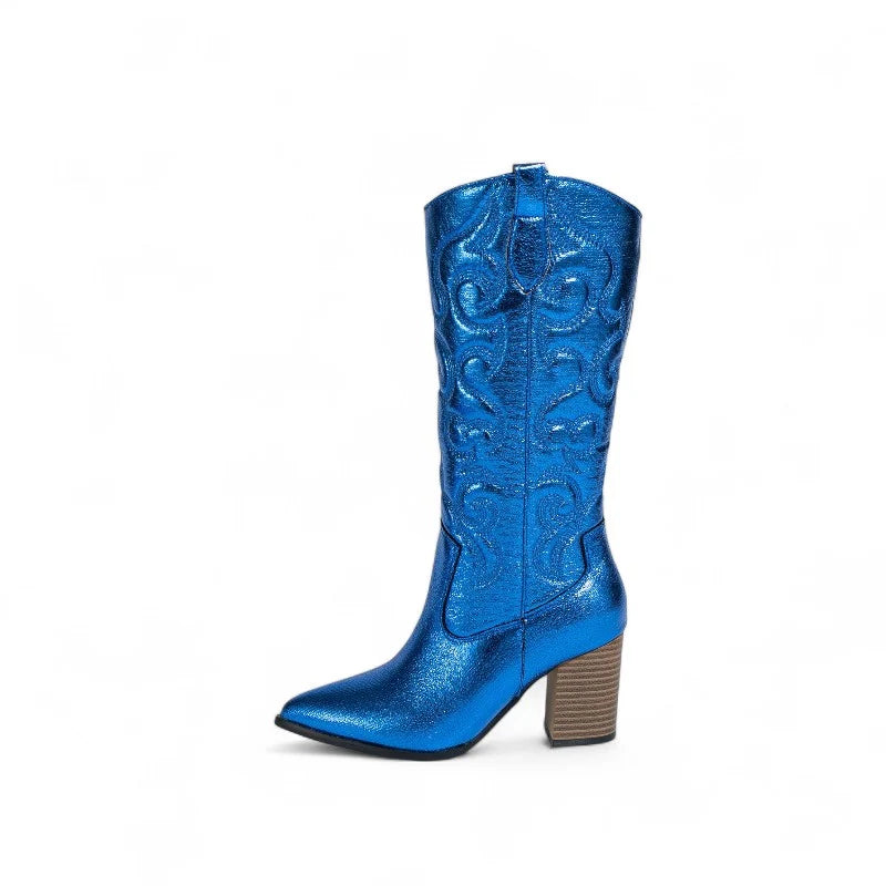 Melrow - Santiag Brodée Scintillante BLEU, bottes femme hautes jusqu’au genou avec broderies lumineuses, bout pointu et talon