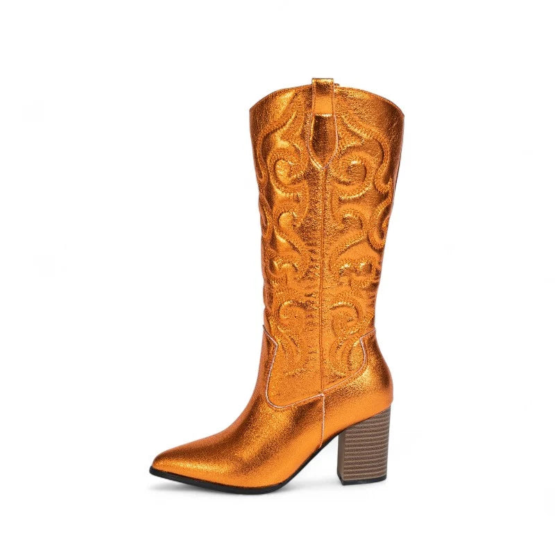 Melrow - Santiag Brodée Scintillante ORANGE, bottes femme hautes jusqu’au genou avec broderies lumineuses, bout pointu et talon