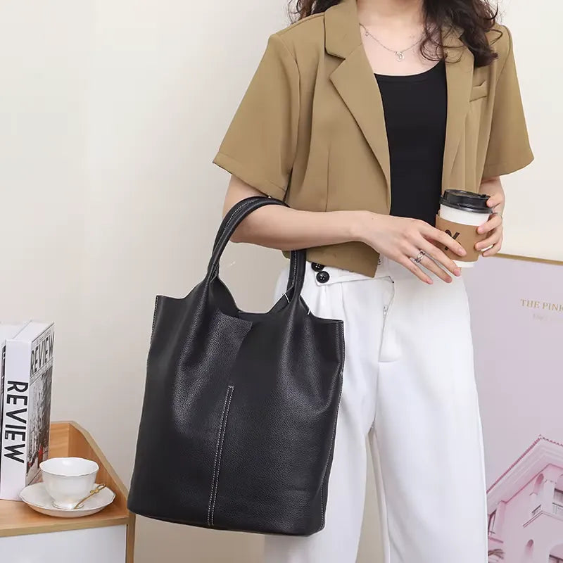 MIA - Sac à Main de Cours Style Tote Bag Femme couleur Noir pour Ordinateur 15 Pouces et Cahiers, porté épaule 
