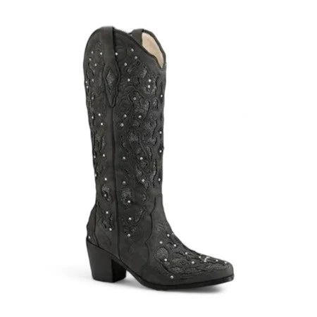 Mony - Santiag Cowboy Rétro pour Femme avec Cristaux Scintillants noir, bottes femme hautes à talon carré et détails floraux