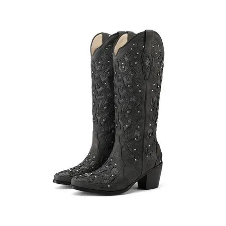 Mony - Santiag Cowboy Rétro pour Femme avec Cristaux Scintillants, bottes femme hautes à talon carré et détails floraux