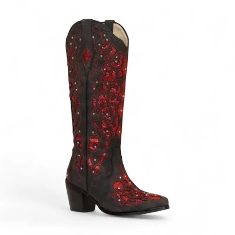 Mony - Santiag Cowboy Rétro pour Femme avec Cristaux Scintillants rouge, bottes femme hautes à talon carré et détails floraux